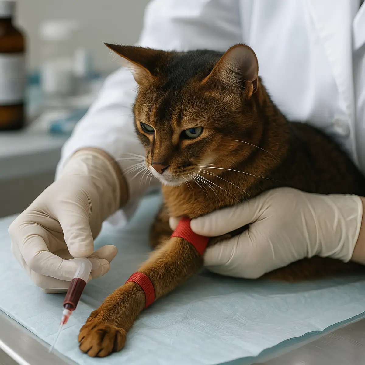 Veterinário experiente coletando uma amostra de sangue da pata de um gato Abissínio para análise laboratorial.